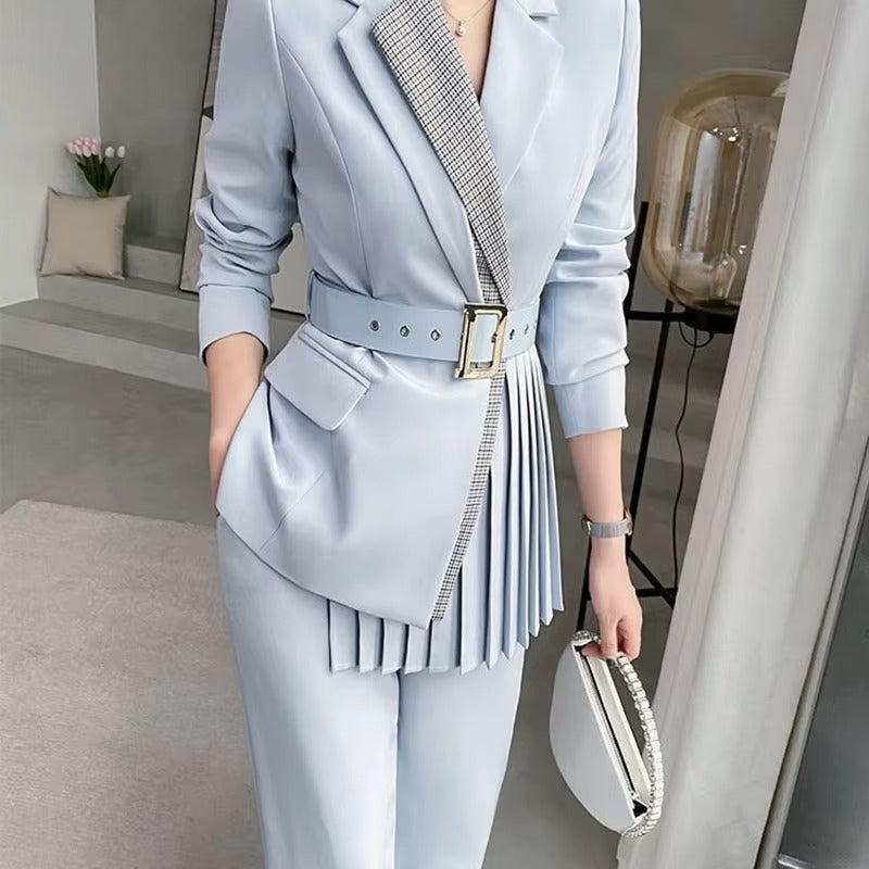 Elegant Single Button Pants And Blazer With Belt 2 Pieces Set Mssza