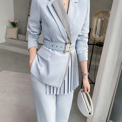 Elegant Single Button Pants And Blazer With Belt 2 Pieces Set Mssza