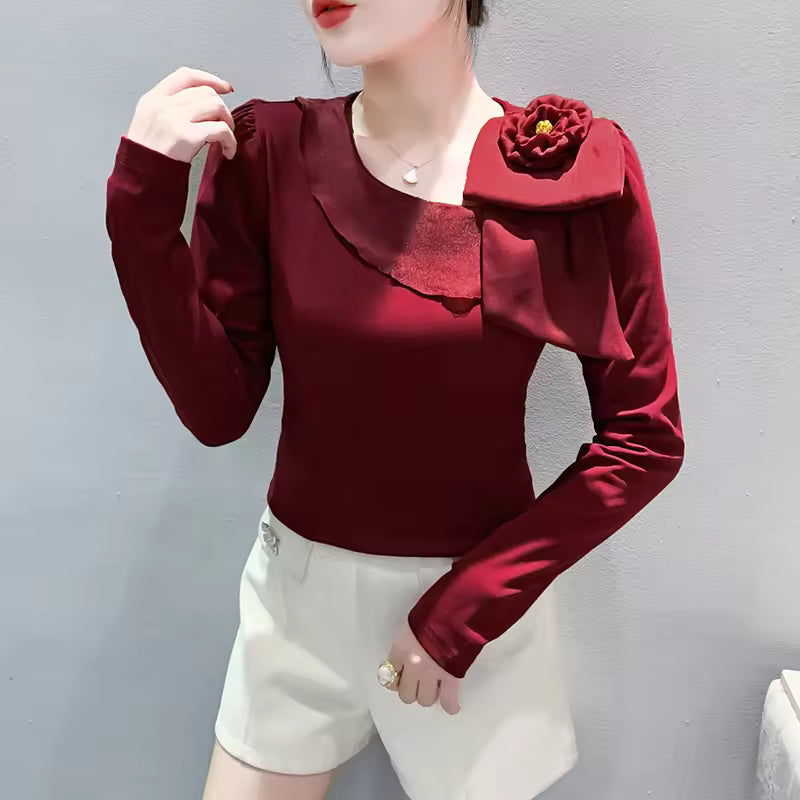 Elegant Skew Collar Patchwork Flower Ruffles Long Sleeve T-shirt Mssza