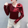 Elegant Skew Collar Patchwork Flower Ruffles Long Sleeve T-shirt Mssza