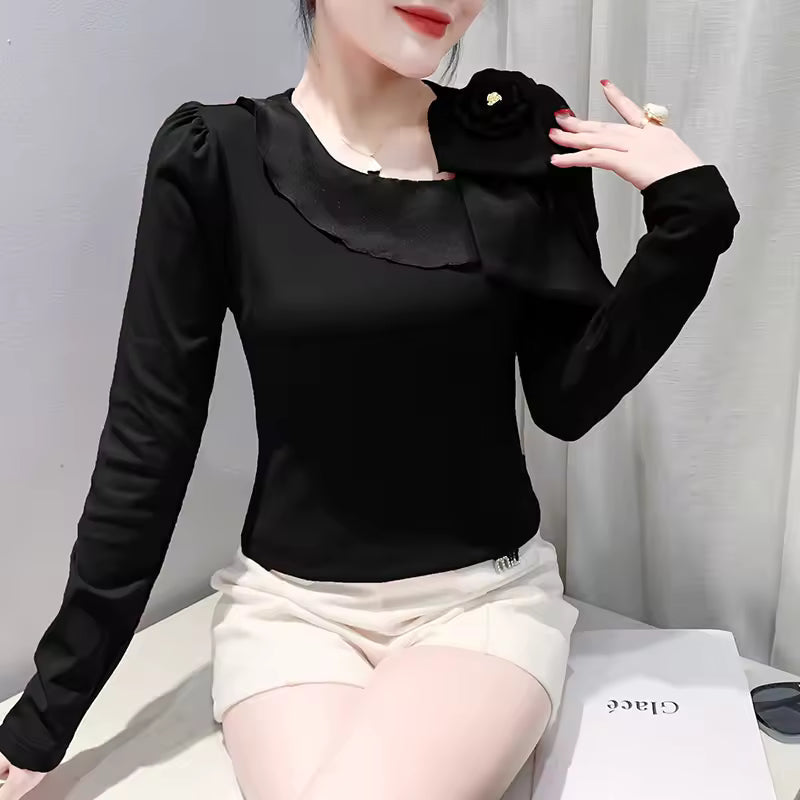 Elegant Skew Collar Patchwork Flower Ruffles Long Sleeve T-shirt Mssza
