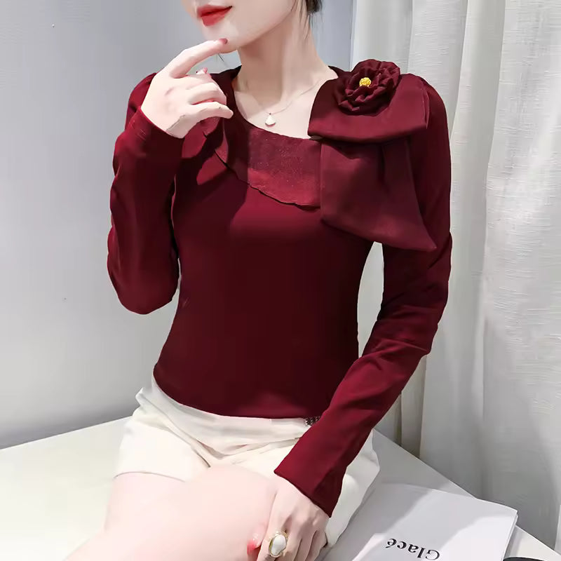 Elegant Skew Collar Patchwork Flower Ruffles Long Sleeve T-shirt Mssza