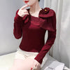 Elegant Skew Collar Patchwork Flower Ruffles Long Sleeve T-shirt Mssza