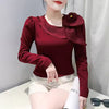 Elegant Skew Collar Patchwork Flower Ruffles Long Sleeve T-shirt Mssza