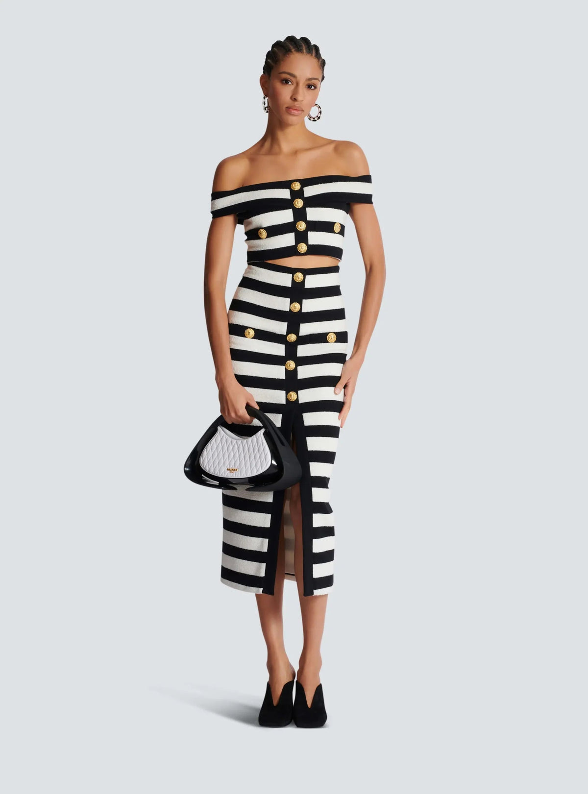 Elegant Slash Neck Striped Button zipper Office Lady 2 Pieces Bodycon Bandage Mid-calf Dress Mssza