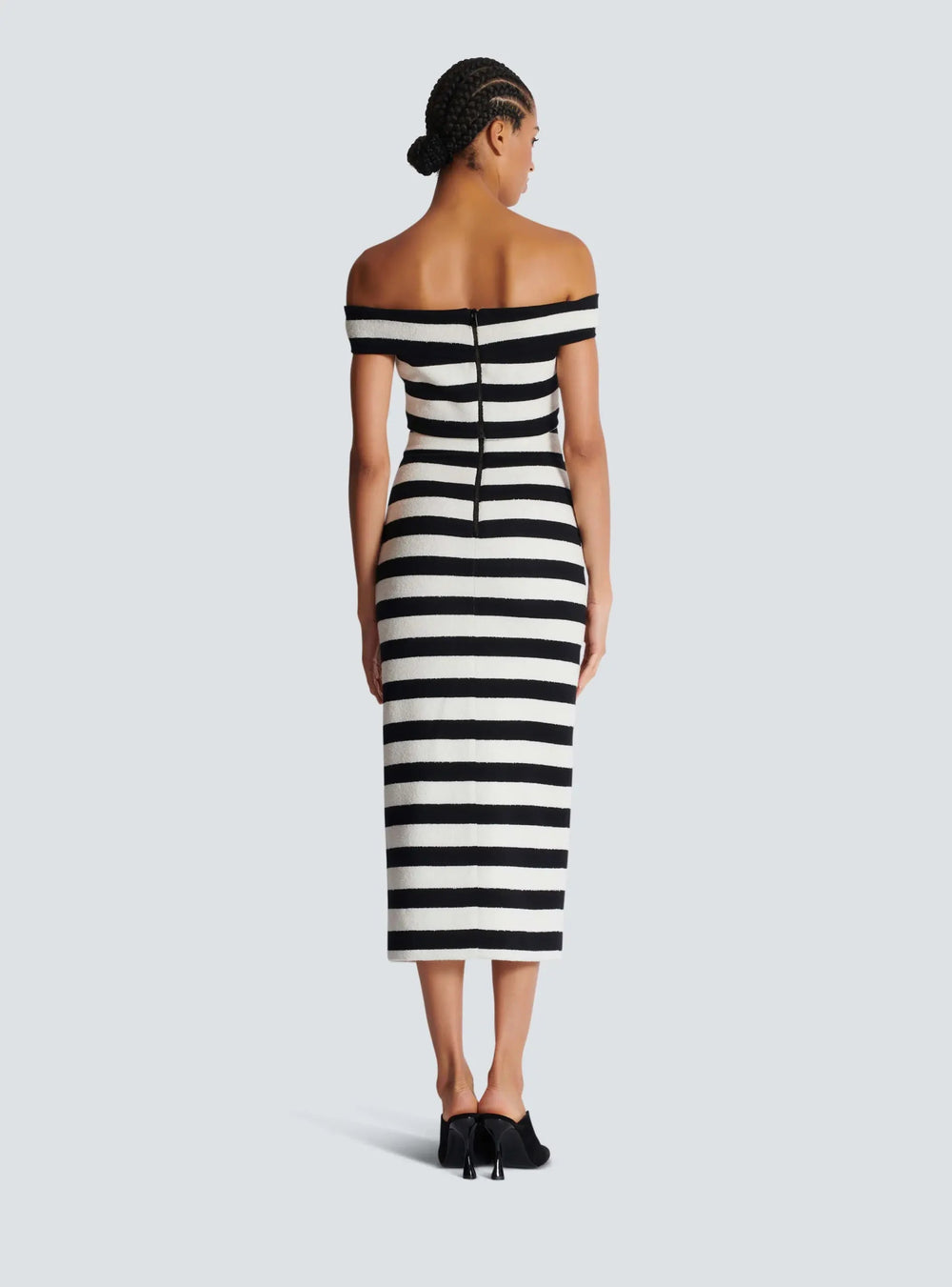 Elegant Slash Neck Striped Button zipper Office Lady 2 Pieces Bodycon Bandage Mid-calf Dress Mssza