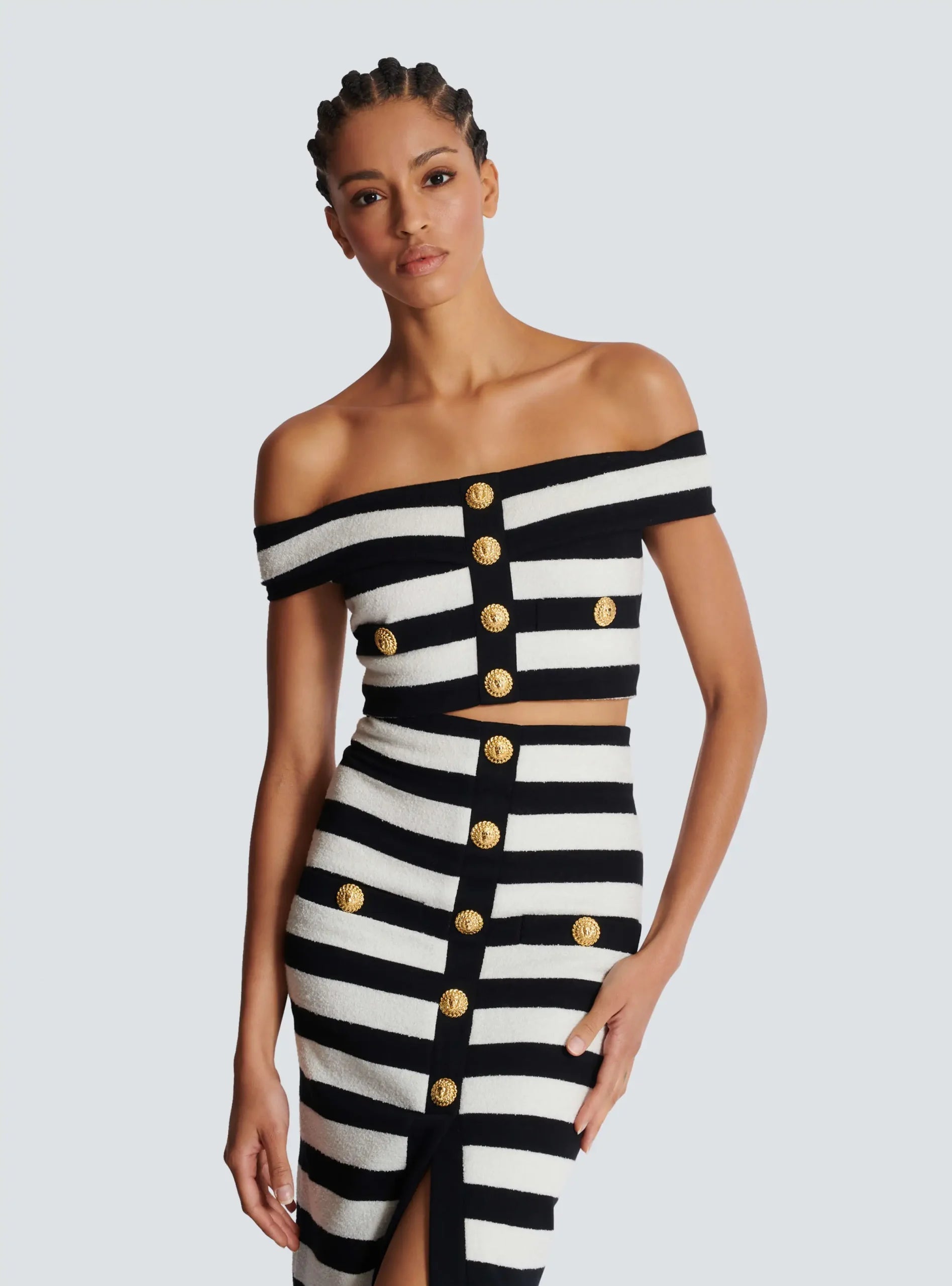 Elegant Slash Neck Striped Button zipper Office Lady 2 Pieces Bodycon Bandage Mid-calf Dress Mssza