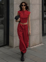 Elegant Sleeveless Crop Top With High Waist Pants 2 Piece Sets Mssza
