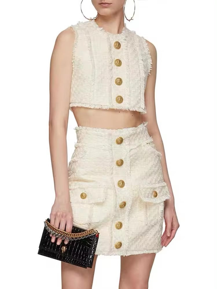 Elegant Sleeveless Fringed Tassel Tweed Tank Top Mini Skirt Designer Suit Set Mssza