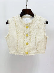 Elegant Sleeveless Fringed Tassel Tweed Tank Top Mini Skirt Designer Suit Set Mssza