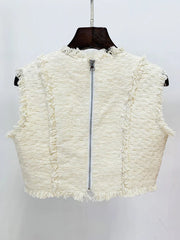 Elegant Sleeveless Fringed Tassel Tweed Tank Top Mini Skirt Designer Suit Set Mssza
