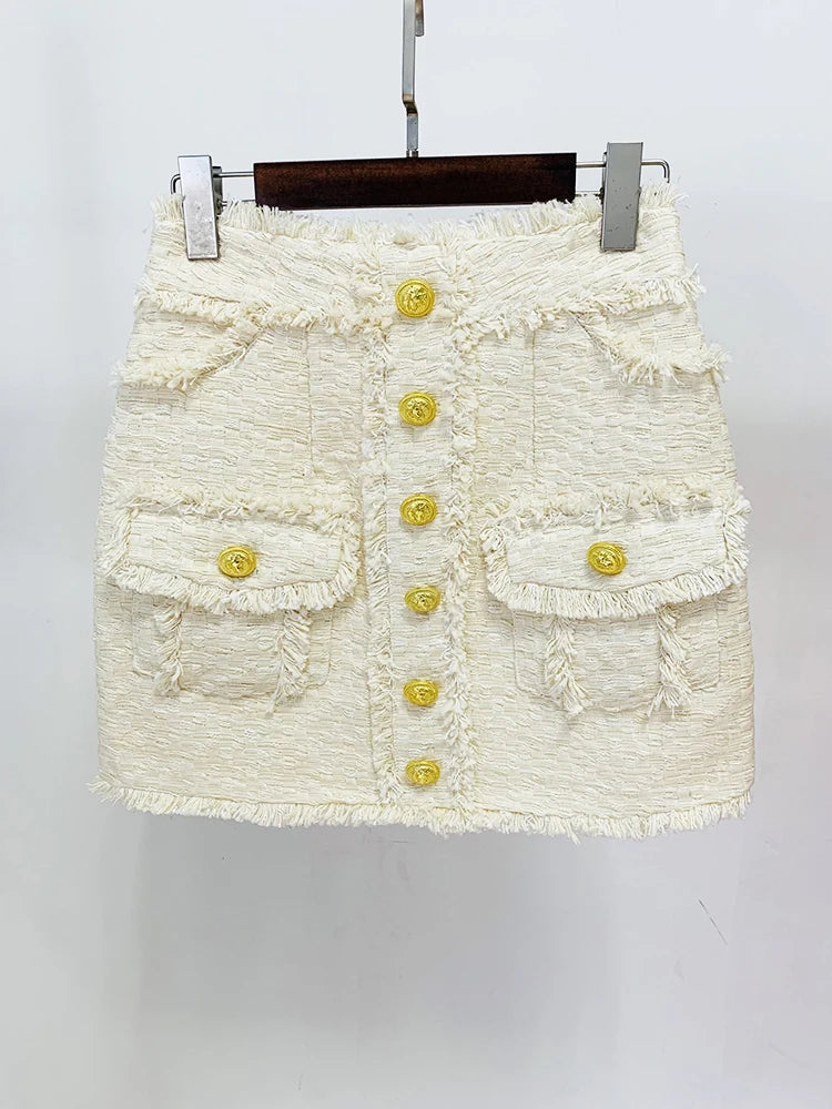 Elegant Sleeveless Fringed Tassel Tweed Tank Top Mini Skirt Designer Suit Set Mssza