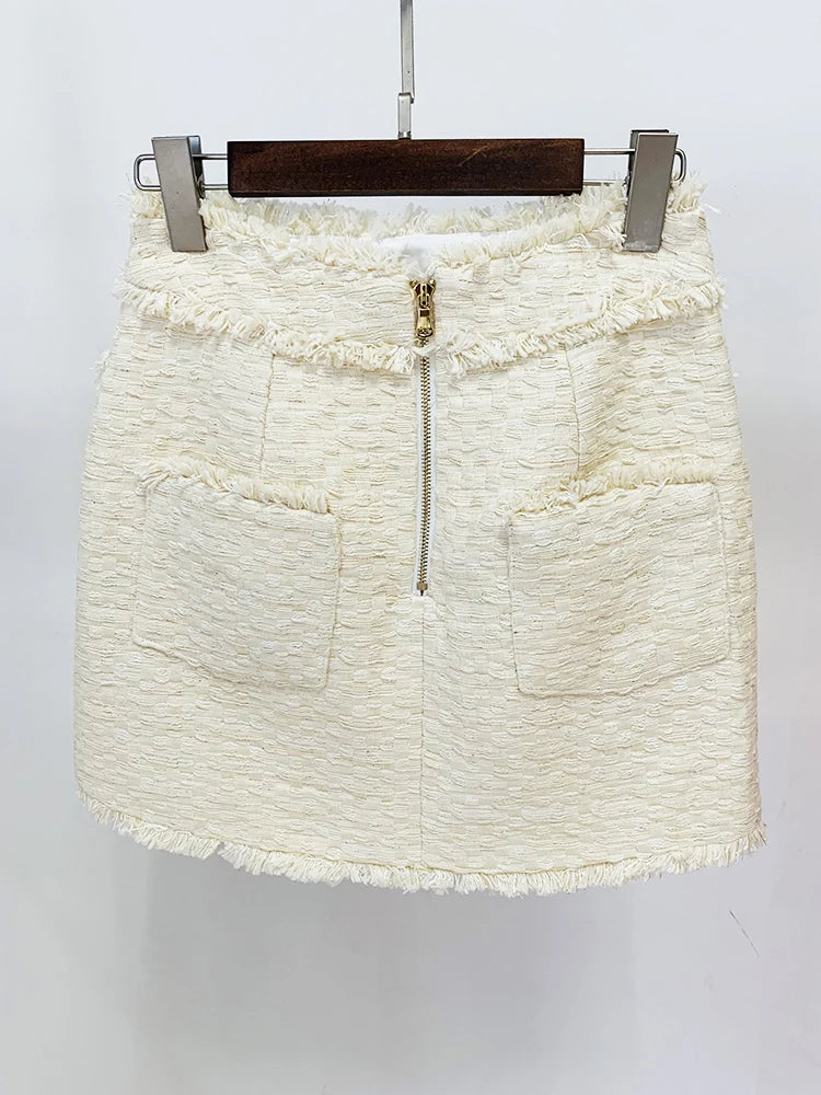 Elegant Sleeveless Fringed Tassel Tweed Tank Top Mini Skirt Designer Suit Set Mssza