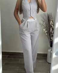 Elegant Sleeveless High Waist Straight Vest Top Long Pants Two Piece Sets Mssza