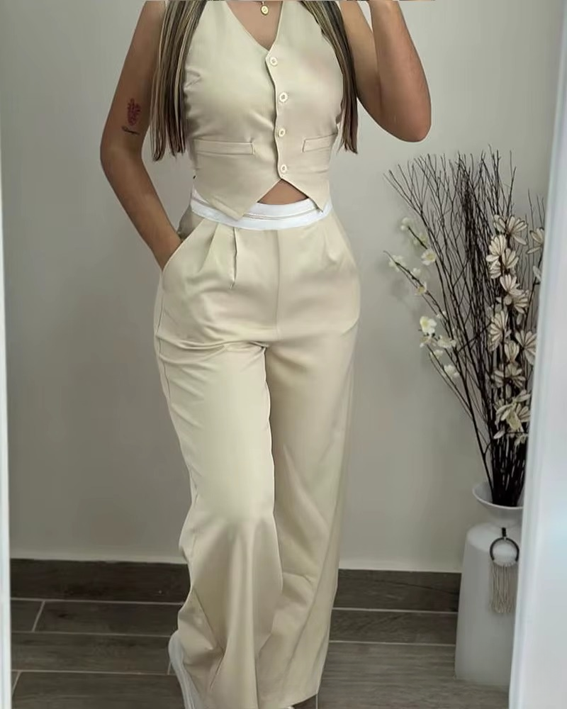 Elegant Sleeveless High Waist Straight Vest Top Long Pants Two Piece Sets Mssza