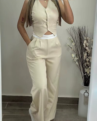 Elegant Sleeveless High Waist Straight Vest Top Long Pants Two Piece Sets Mssza