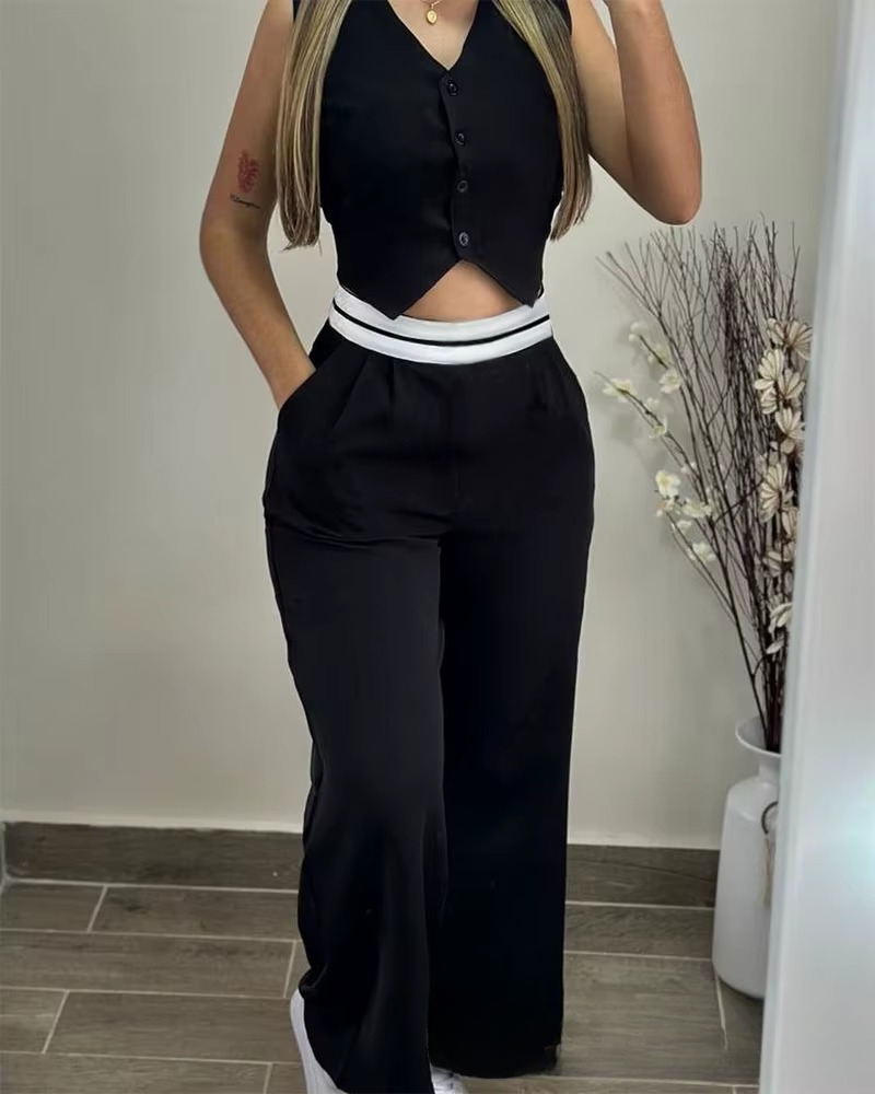 Elegant Sleeveless High Waist Straight Vest Top Long Pants Two Piece Sets Mssza