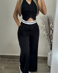 Elegant Sleeveless High Waist Straight Vest Top Long Pants Two Piece Sets Mssza