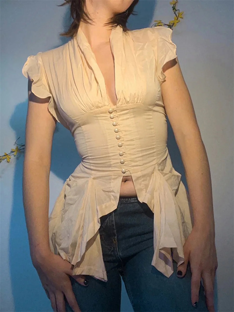 Elegant Sleeveless Ruffle Blouse With Button Down Detail Split Hem Fit Top Mssza