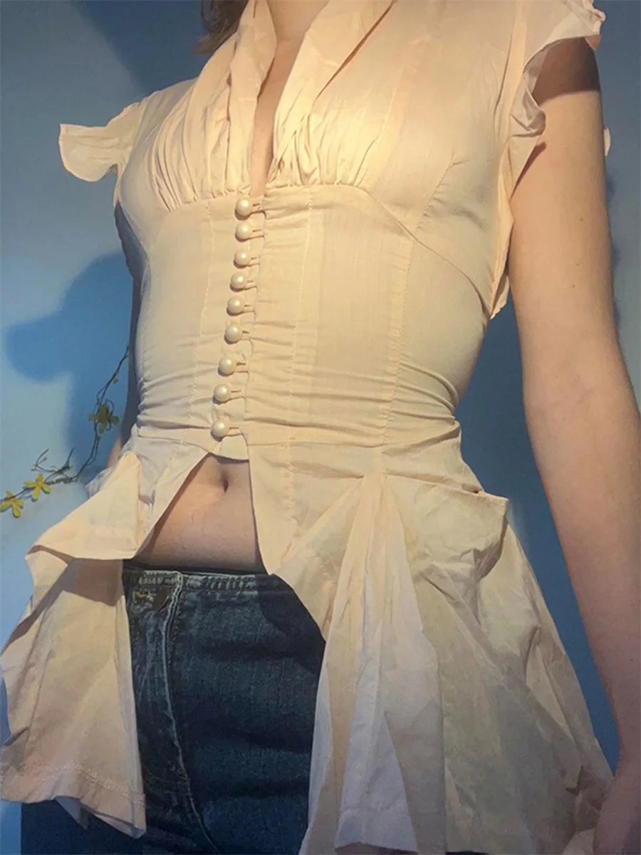 Elegant Sleeveless Ruffle Blouse With Button Down Detail Split Hem Fit Top Mssza