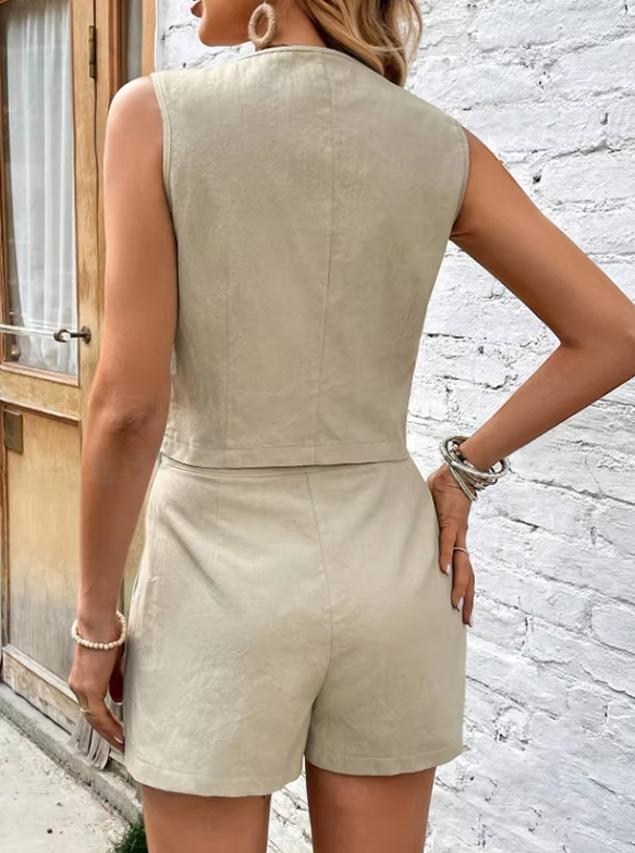 Elegant V Neck Sleeveless Single Breasted Vest Top Shorts Suit Office Lady  2 Pieces Tracksuit Mssza