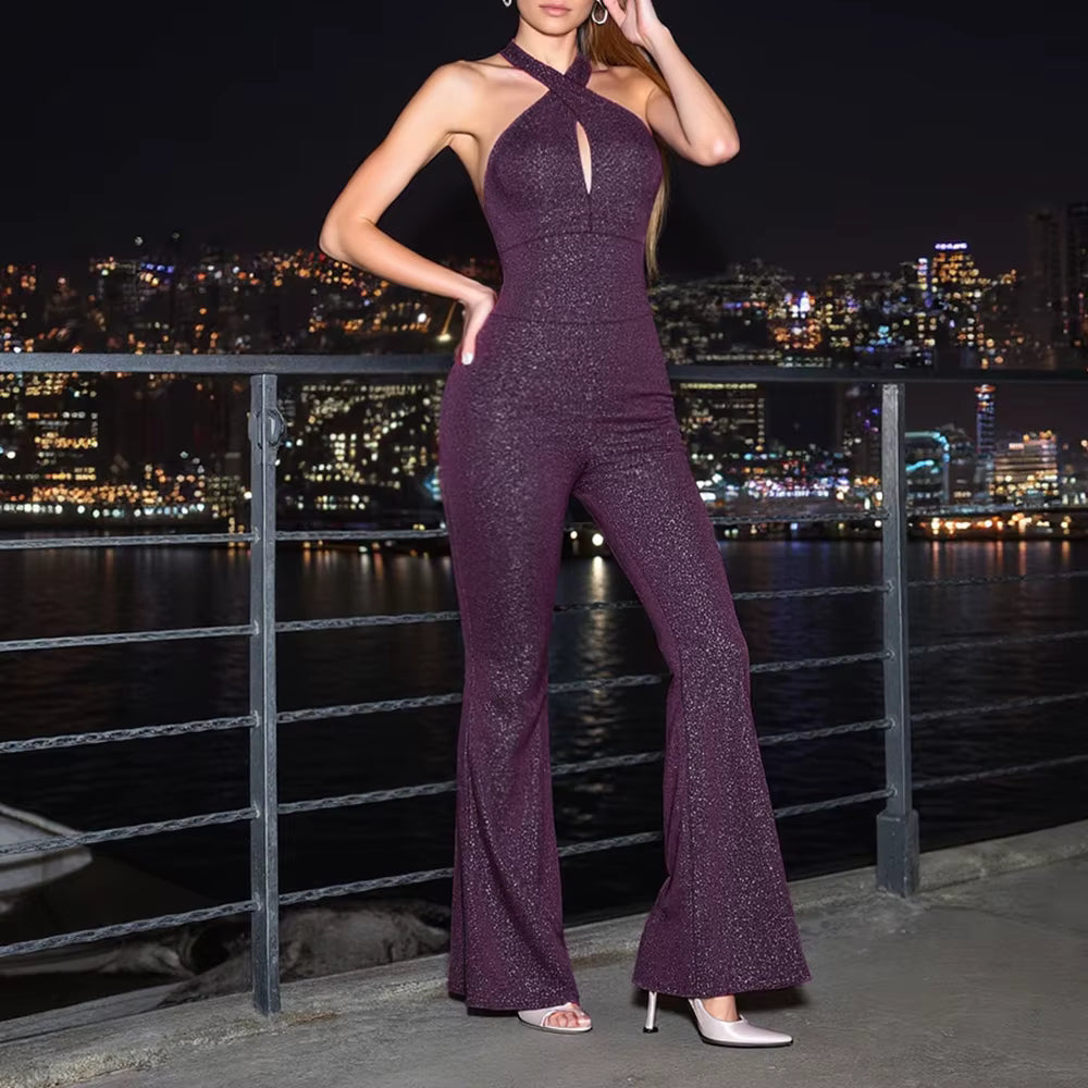 Elegant Slim Cut-Out Sleeveless Halter Neck Straight Full Length Jumpsuits Mssza