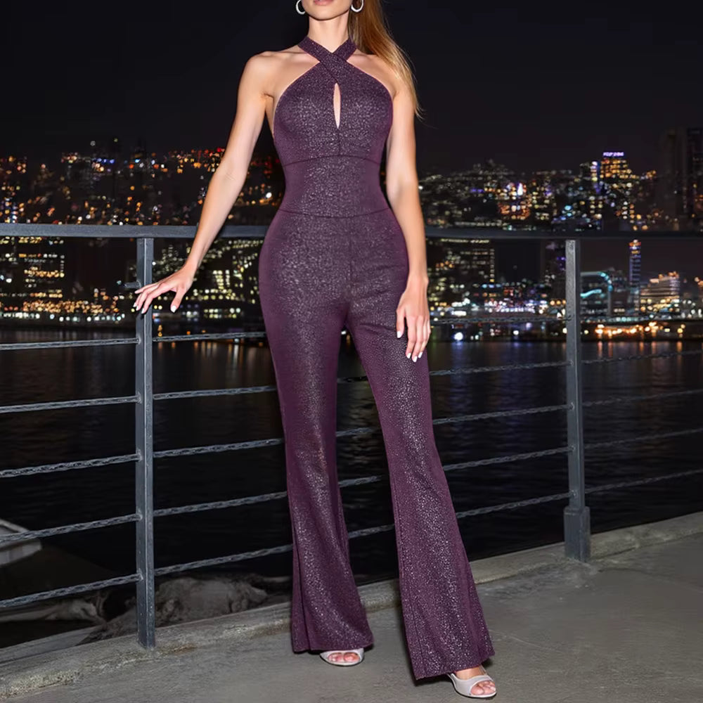 Elegant Slim Cut-Out Sleeveless Halter Neck Straight Full Length Jumpsuits Mssza