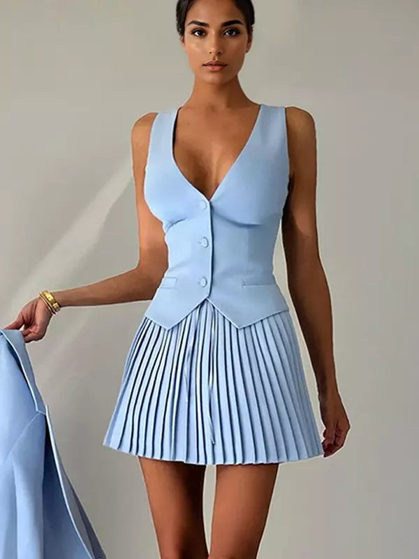 Elegant Slim Fit V-neck Vest And Pleated Skirt Two Piece Set Mssza