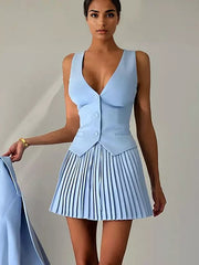 Elegant Slim Fit V-neck Vest And Pleated Skirt Two Piece Set Mssza