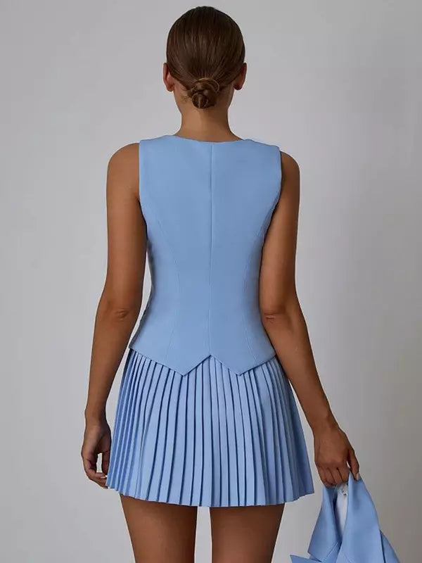 Elegant Slim Fit V-neck Vest And Pleated Skirt Two Piece Set Mssza