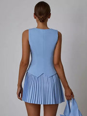 Elegant Slim Fit V-neck Vest And Pleated Skirt Two Piece Set Mssza