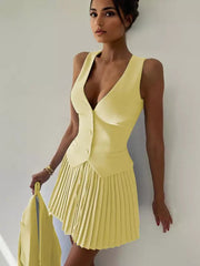 Elegant Slim Fit V-neck Vest And Pleated Skirt Two Piece Set Mssza