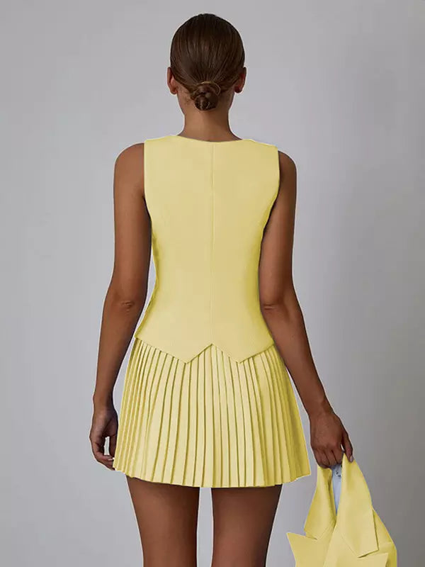 Elegant Slim Fit V-neck Vest And Pleated Skirt Two Piece Set Mssza