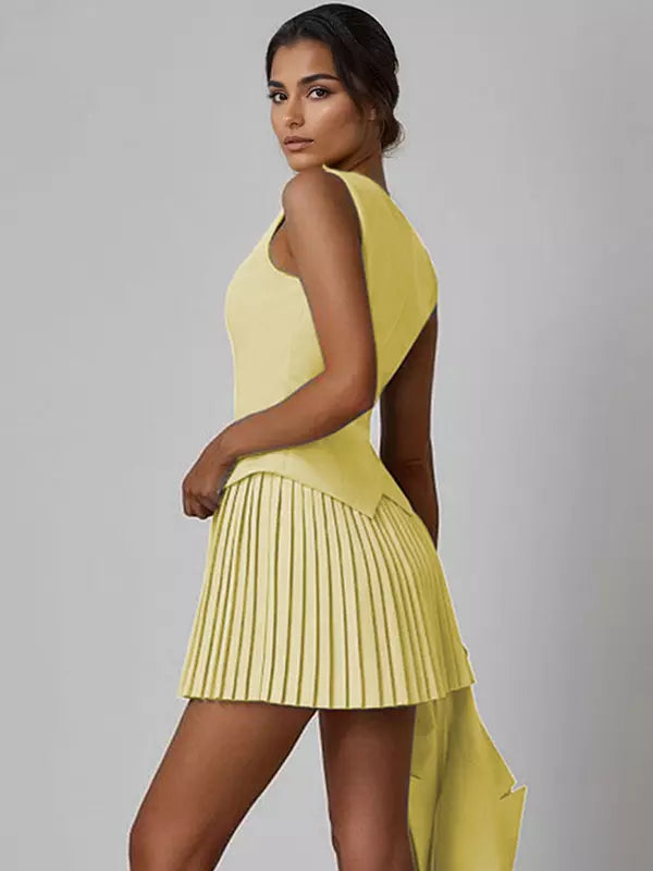 Elegant Slim Fit V-neck Vest And Pleated Skirt Two Piece Set Mssza