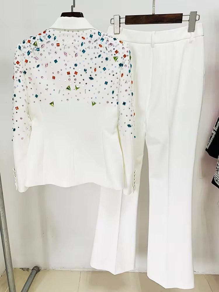 Elegant Slim Fitting Strass Diamonds Beaded Blazer Pants Suit Set Mssza