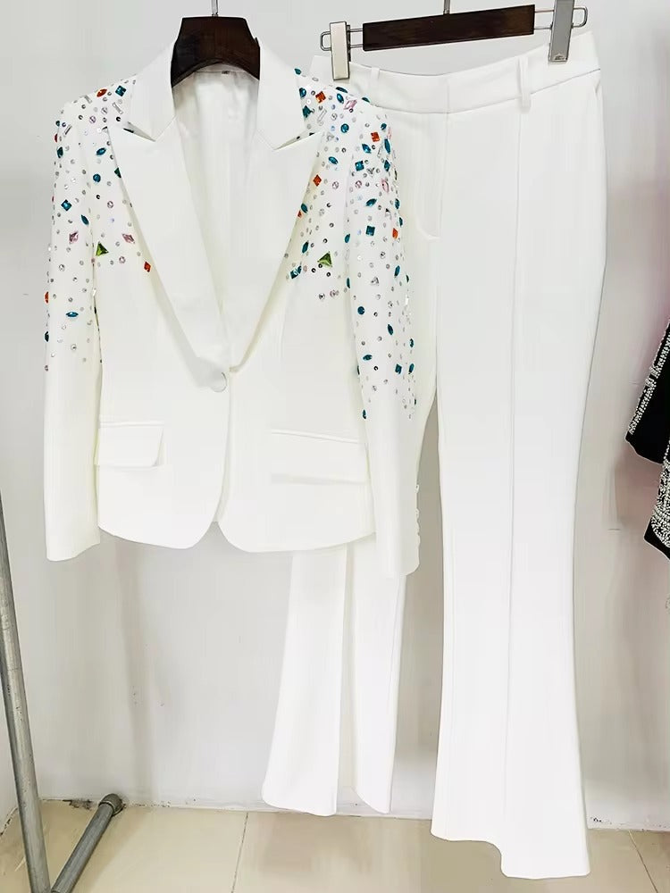 Elegant Slim Fitting Strass Diamonds Beaded Blazer Pants Suit Set Mssza