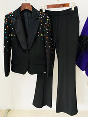 Elegant Slim Fitting Strass Diamonds Beaded Blazer Pants Suit Set Mssza