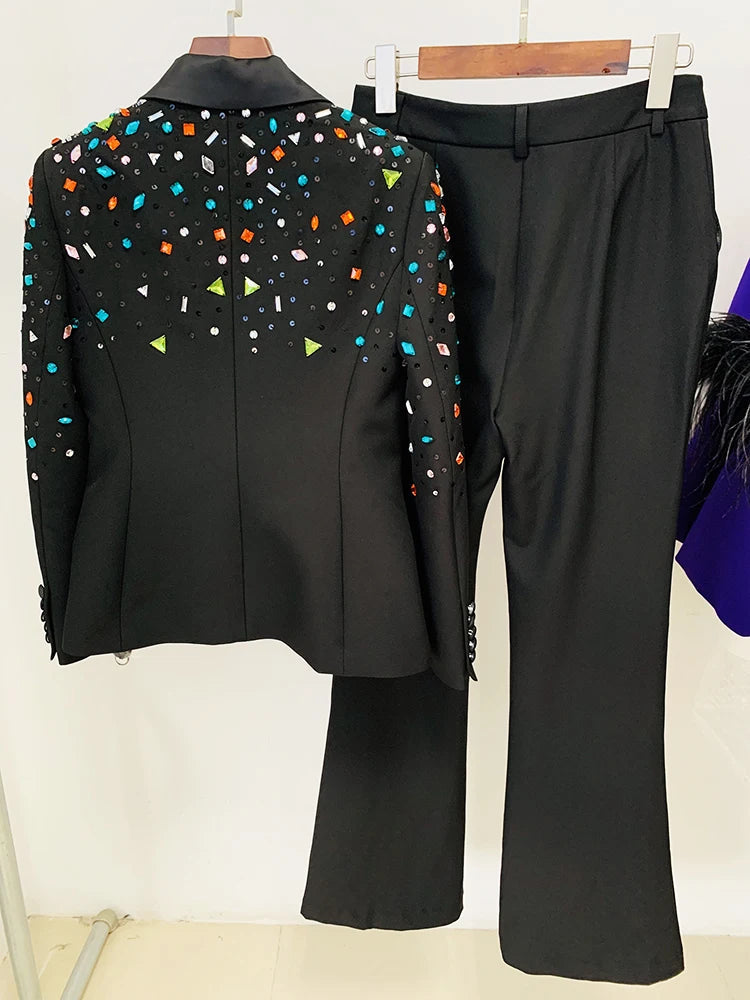Elegant Slim Fitting Strass Diamonds Beaded Blazer Pants Suit Set Mssza