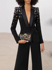 Elegant Slim Fitting Strass Diamonds Beaded Blazer Pants Suit Set Mssza