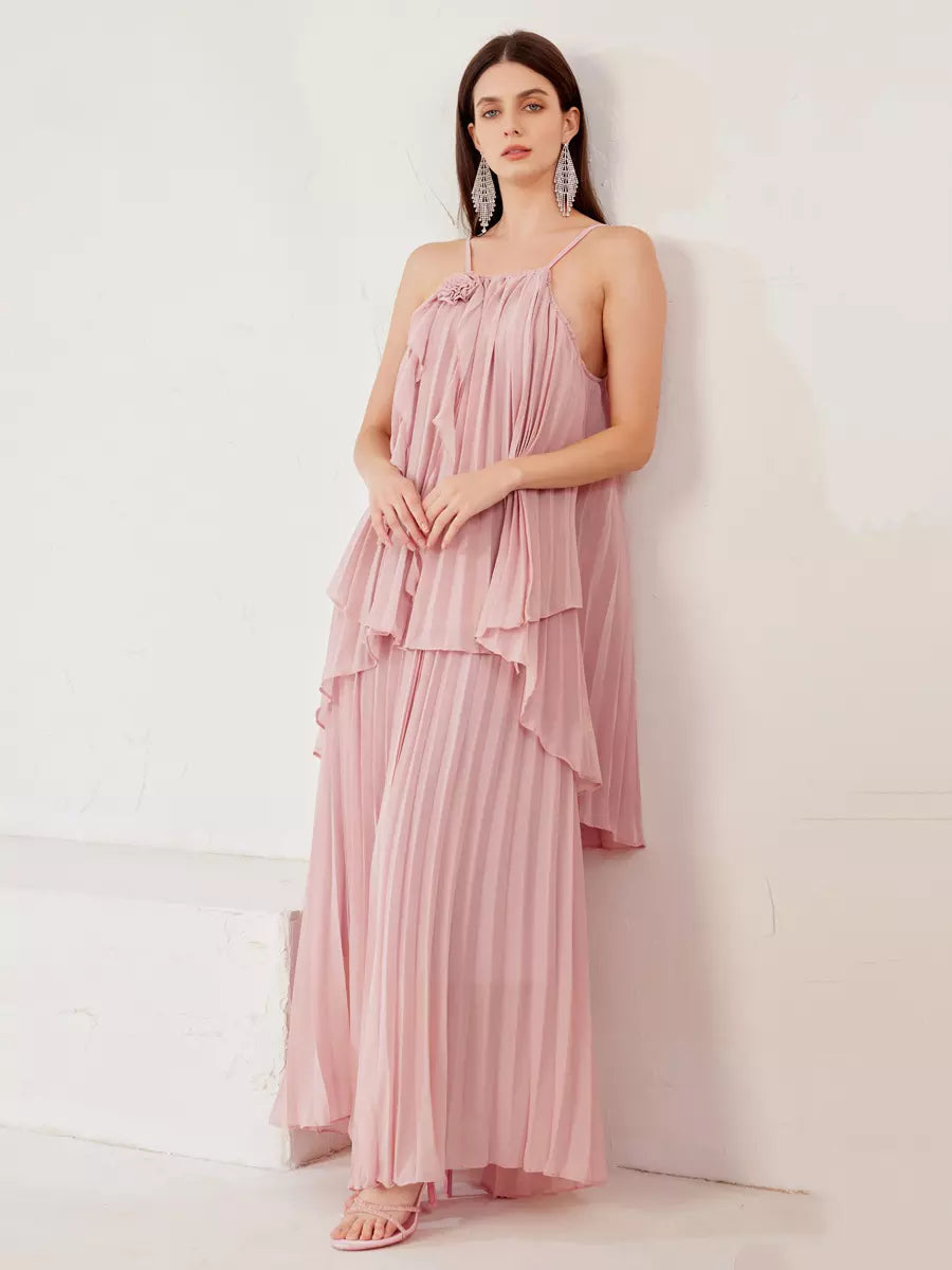 Elegant Slip Top And Flowy Skirt Ruffle Set With Flower Two Piece Mssza