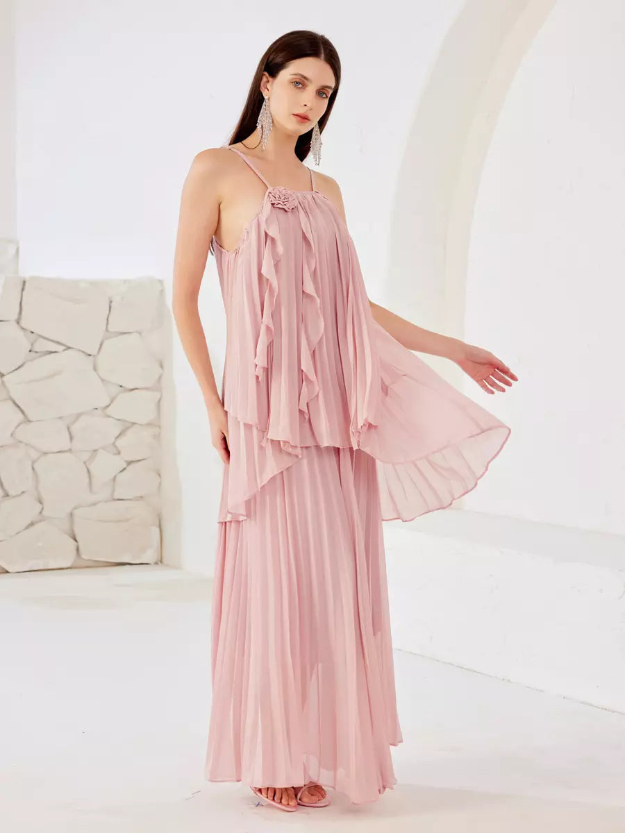 Elegant Slip Top And Flowy Skirt Ruffle Set With Flower Two Piece Mssza