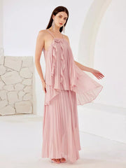 Elegant Slip Top And Flowy Skirt Ruffle Set With Flower Two Piece Mssza