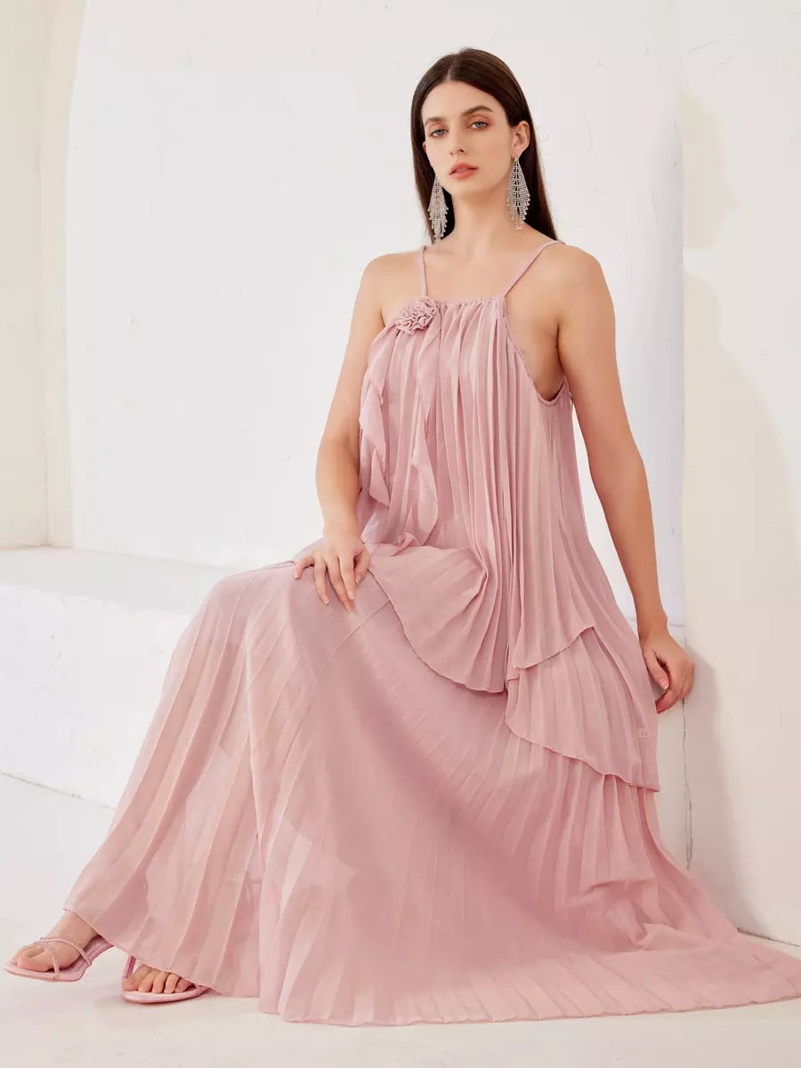 Elegant Slip Top And Flowy Skirt Ruffle Set With Flower Two Piece Mssza