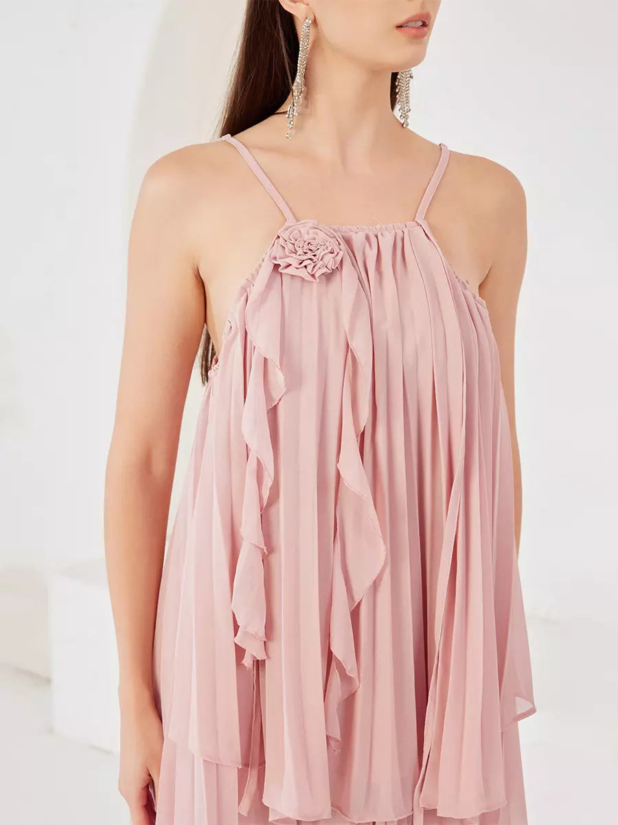Elegant Slip Top And Flowy Skirt Ruffle Set With Flower Two Piece Mssza