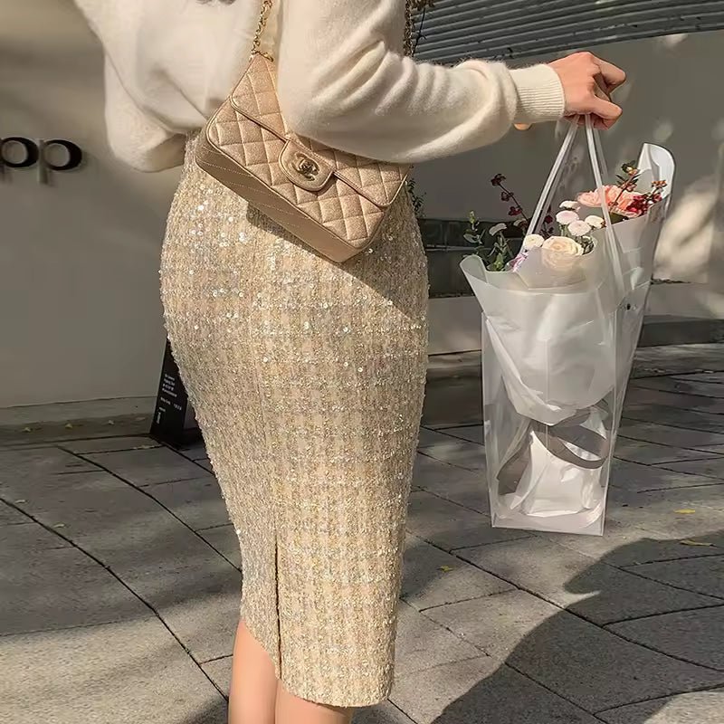 Elegant Slit Knit Midi Pencil Shiny Lurex Sheath Skirt Mssza