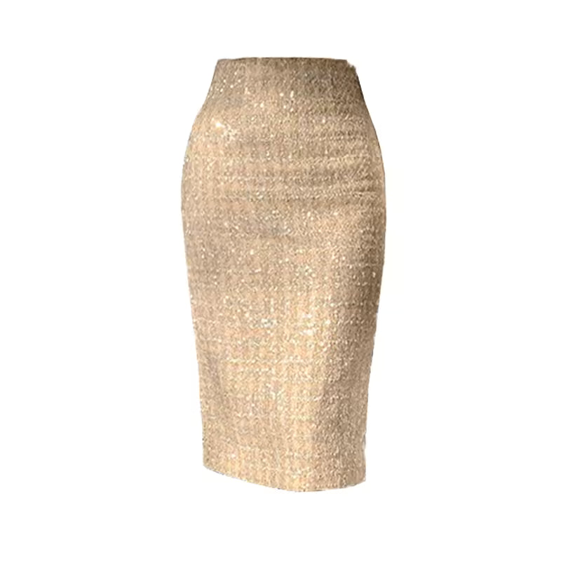 Elegant Slit Knit Midi Pencil Shiny Lurex Sheath Skirt Mssza