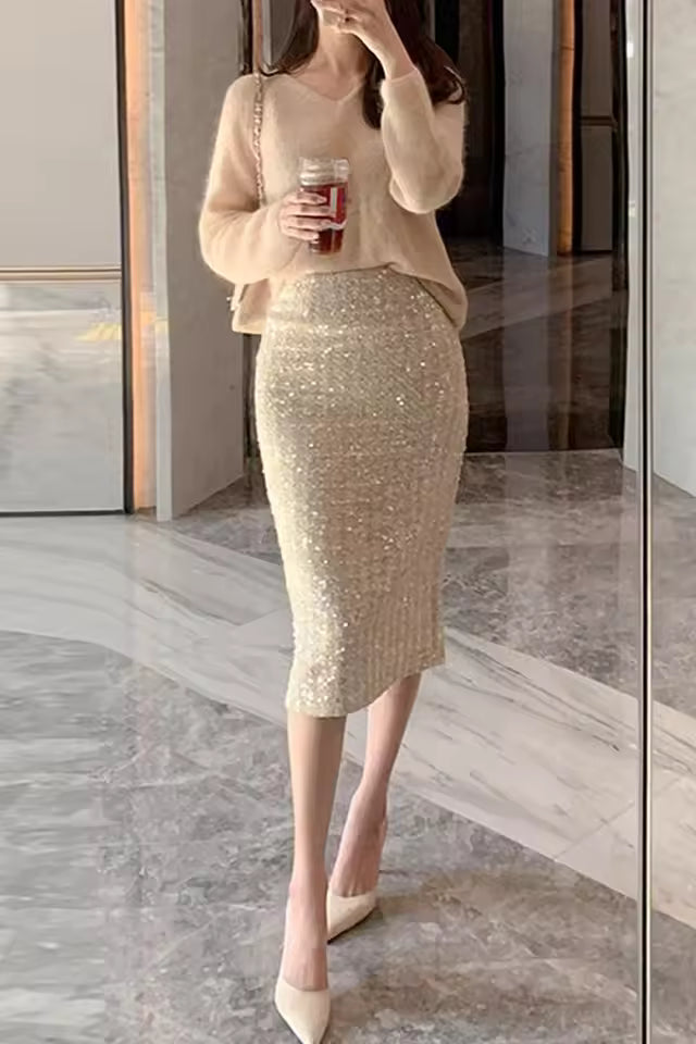 Elegant Slit Knit Midi Pencil Shiny Lurex Sheath Skirt Mssza