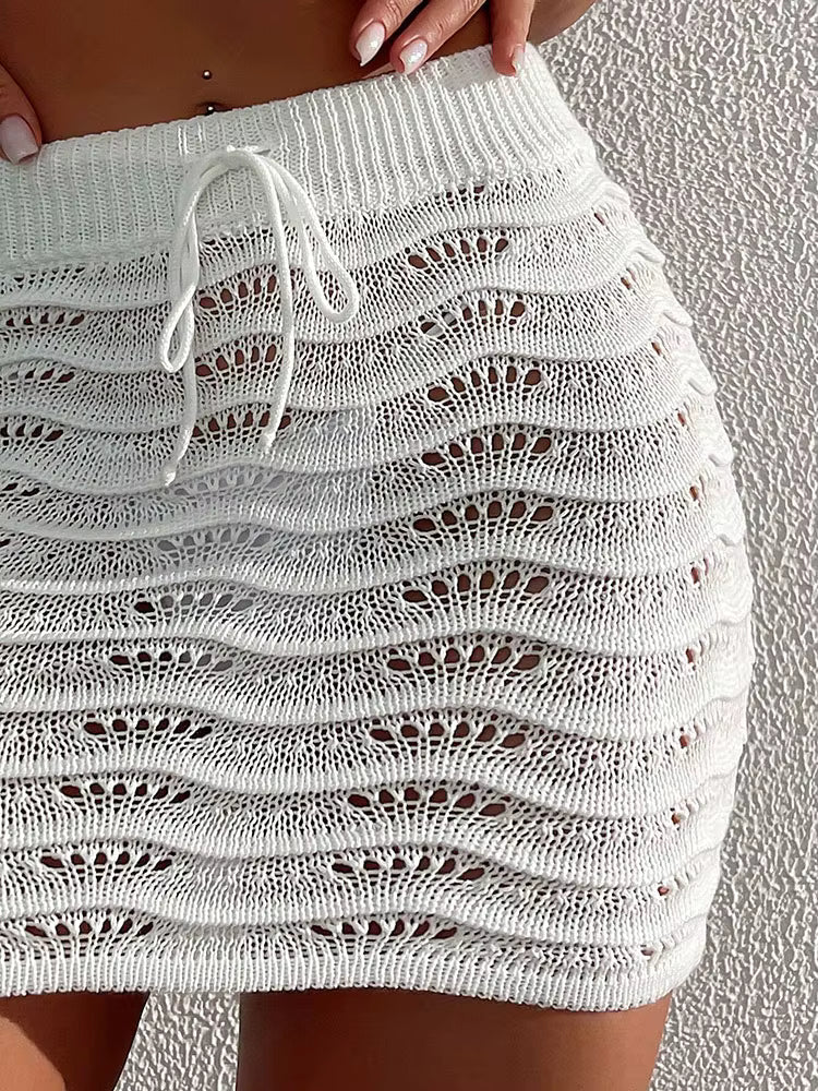 Elegant Solid Color Hollow Bikini Blocked Knitted Short Skirt Mssza