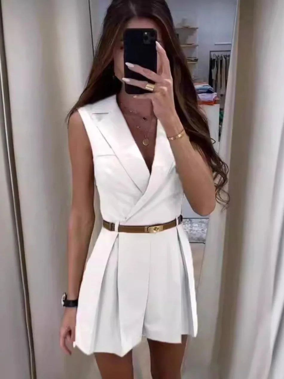 Elegant Solid Color Office Lady Temperament Sleeveless Lapel Slim Short Jumpsuit Mssza