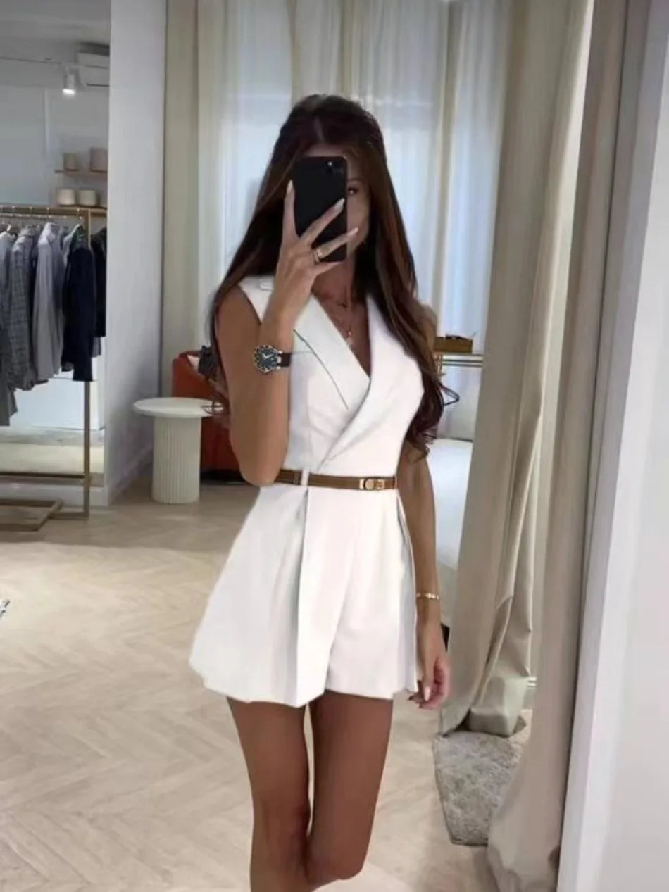 Elegant Solid Color Office Lady Temperament Sleeveless Lapel Slim Short Jumpsuit Mssza